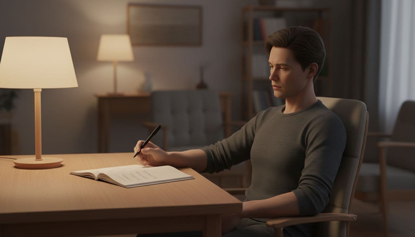 A single adult sits relaxed at a simple desk in a softly lit cozy home during evening, writing a short list in an open notebook with a pen loosely in hand, illuminated by a warm lamp glow, background blurred, realistic natural lighting.