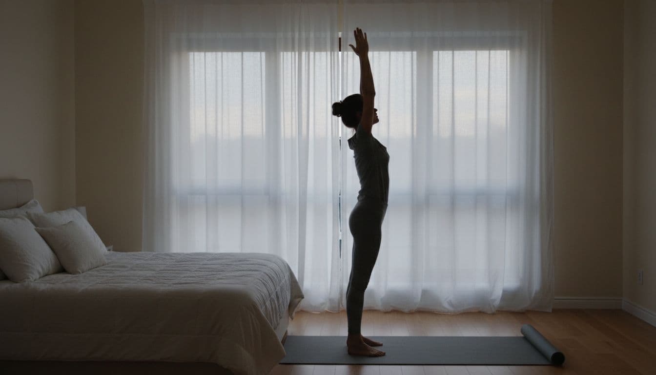 Softly lit bedroom at dusk with the silhouette of one person in a gentle standing stretch pose, arms raised overhead on a yoga mat, sheer curtains allowing faint light, creating a serene atmosphere, photorealistic side profile view.