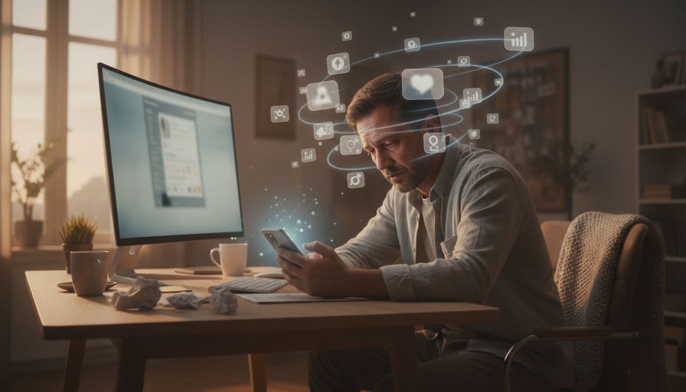 A single adult slouched tiredly at a desk in a modern home office, holding a smartphone with floating notification bubbles around their head symbolizing distractions, face showing exhaustion and eye strain in soft evening light.