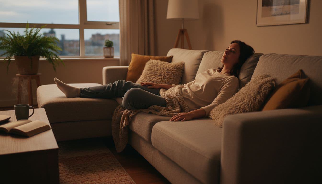 A young adult lies on a couch in a cozy living room after a weekend, eyes open staring at the ceiling, deeply exhausted despite restful surroundings and dim evening light.