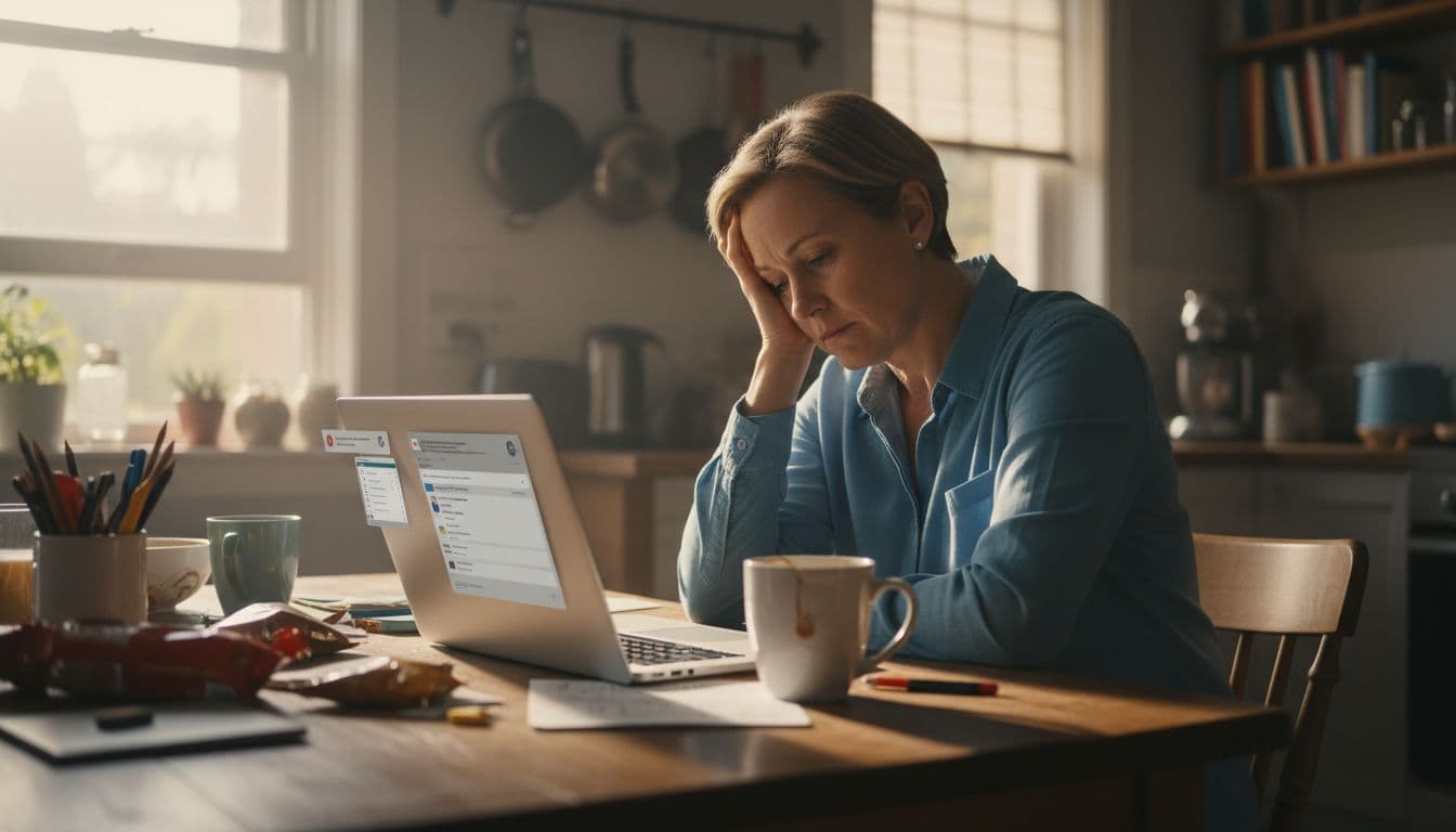 A middle-aged person sits fatigued at a cluttered kitchen table turned home office, laptop with blurred notifications open, coffee mug nearby, under natural daylight.