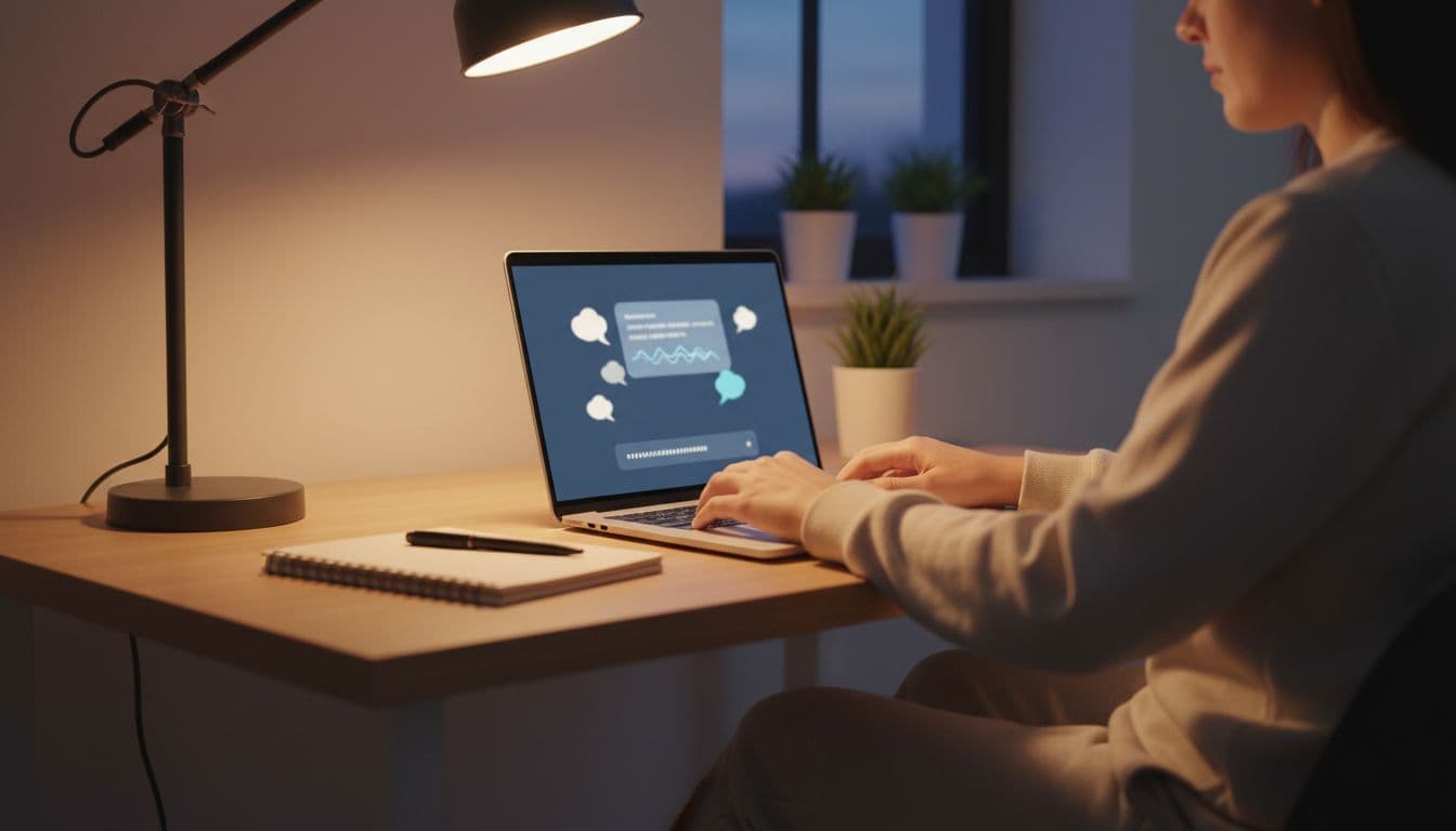 Freelancer in minimalist home office typing on laptop with blurred AI chat interface open, soft desk lamp glow, notebook nearby, evening lighting, realistic photo.