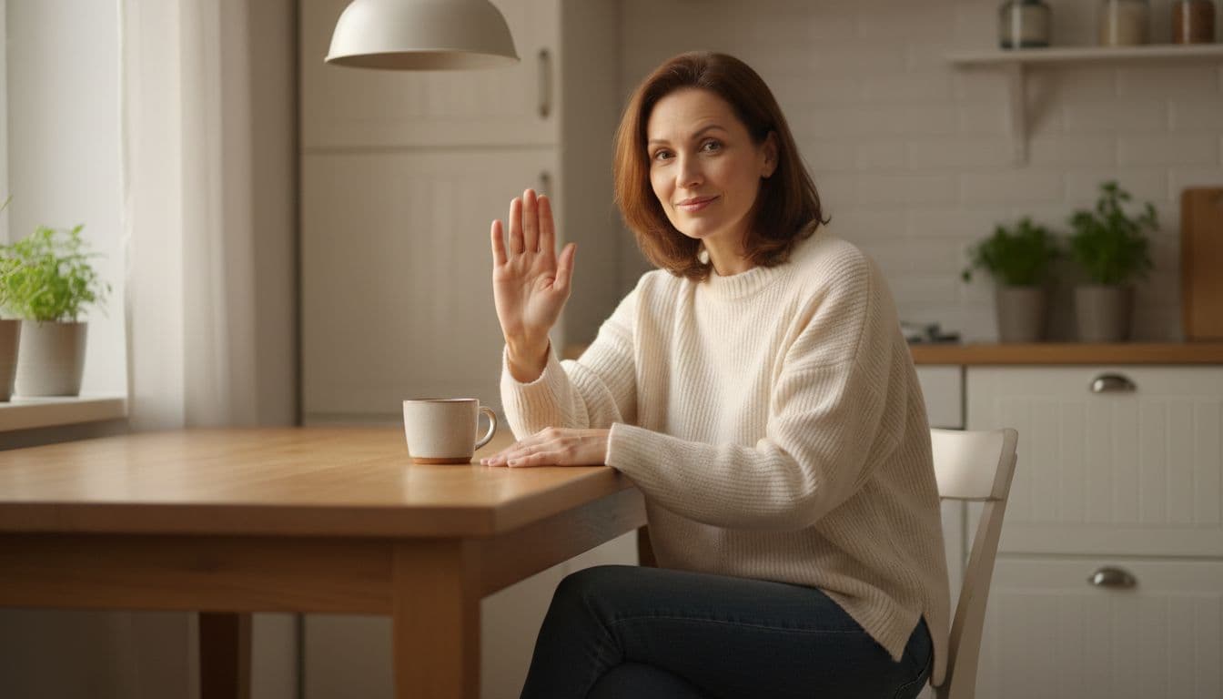 A friendly adult woman in casual home clothes sits at a kitchen table, raising one palm in a gentle no gesture while maintaining eye contact and a calm smile in warm indoor lighting, realistic photography style.