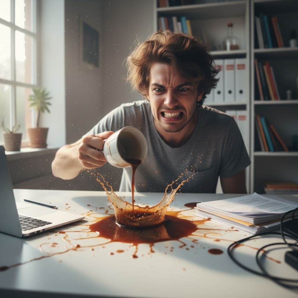 A person spills dark coffee on a clean white desk in a modern home office, face showing exaggerated frustration and disaster, with soft morning light from a window.