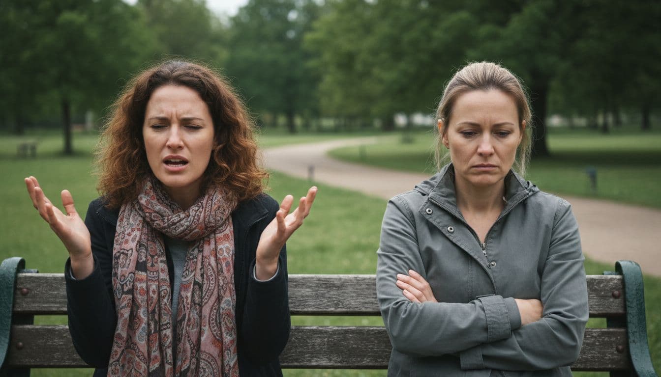 Two women on a park bench, one complaining with a frustrated face and raised hands, the other looking stressed and weary with arms crossed, surrounded by green trees and a path in overcast daylight.