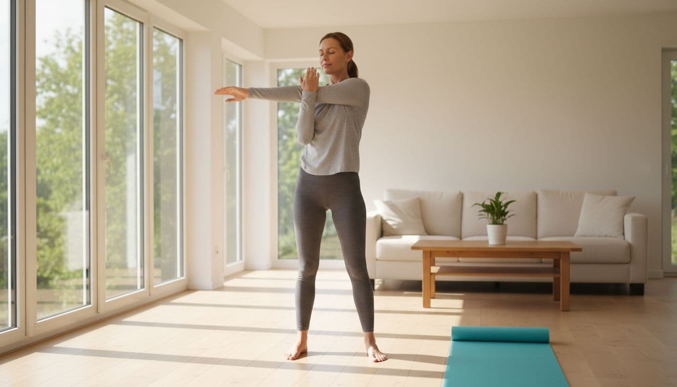 A fit adult in comfortable activewear performs a gentle shoulder stretch in a bright living room with morning sunlight streaming through a large window, yoga mat nearby, relaxed expression.