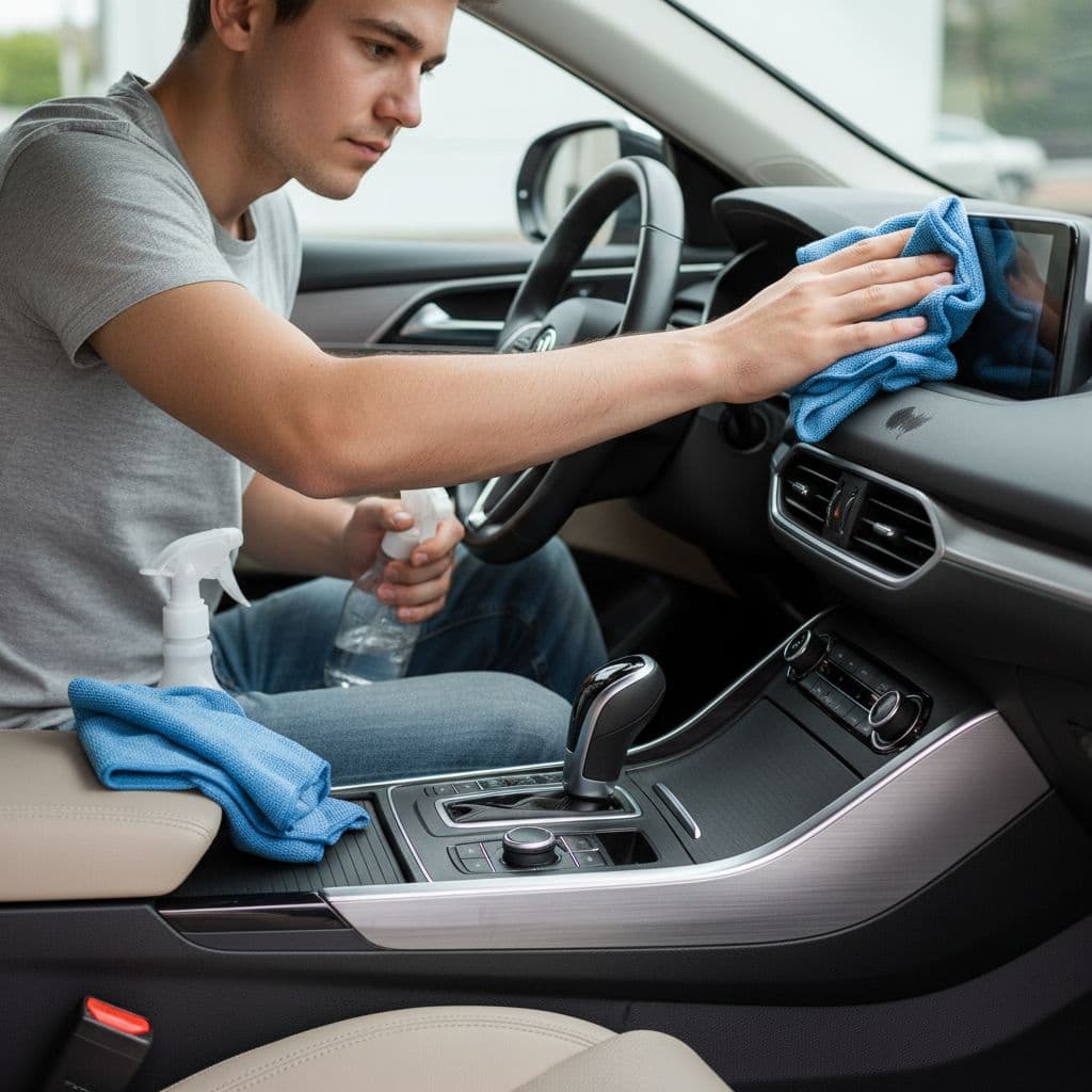 A focused person in casual clothing carefully wipes down the dashboard and center console of a clean car interior using a microfibre cloth and spray bottle. Close-up perspective on the cleaning action in a well-lit car cabin.