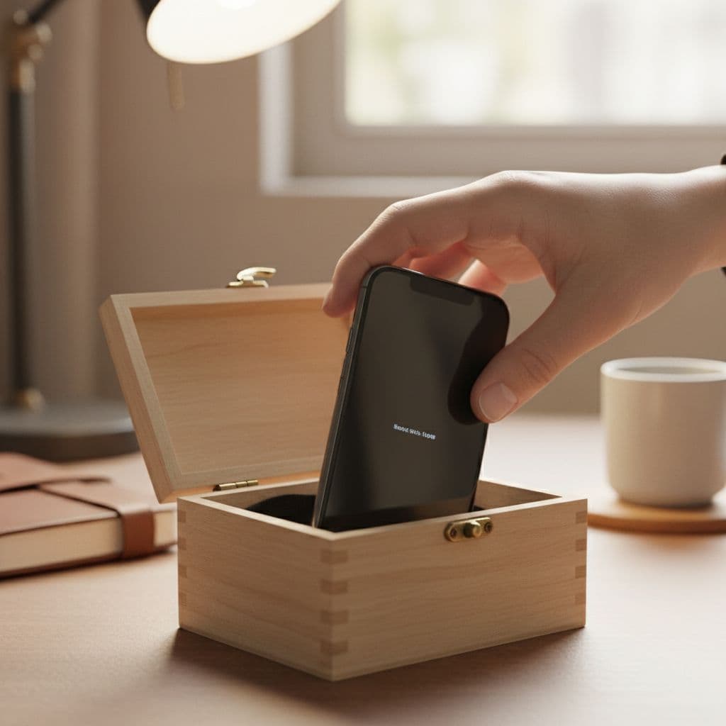 Close-up view of one hand placing a modern smartphone inside a small, plain wooden box with a simple clasp in a quiet indoor workspace. Shallow depth of field and warm ambient lighting, with exactly one hand visible.