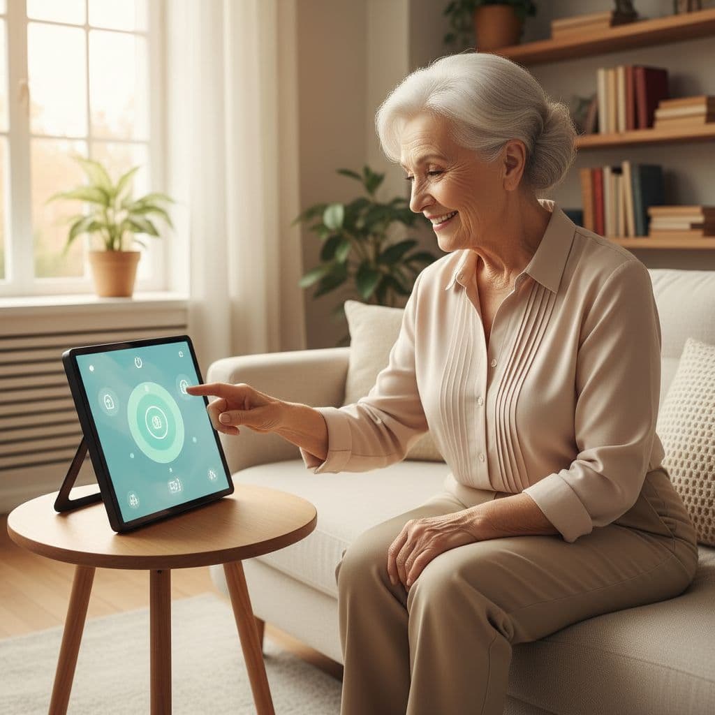 An elderly person with a warm smile sits on a sofa, gently touching the screen of a modern smart home display on a side table in a clean living room filled with natural daylight.