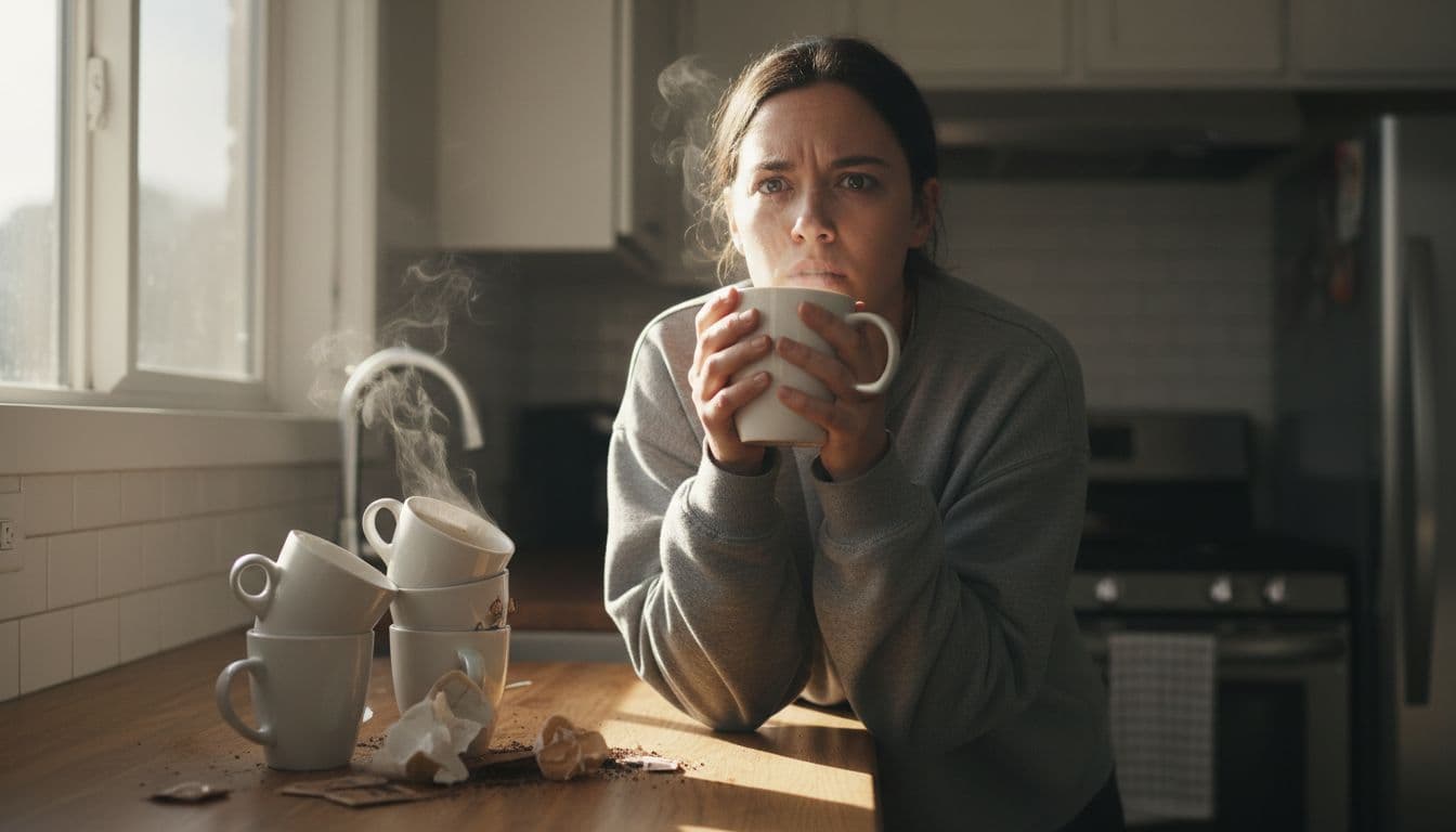 A tired person leans against a kitchen counter in bright morning light, holding a large steaming coffee mug with shaky hands amid piled empty mugs and clutter like sugar packets. Their eyes are wide, unfocused, showing caffeine jitters from over-reliance on coffee to cope with stress and fatigue.