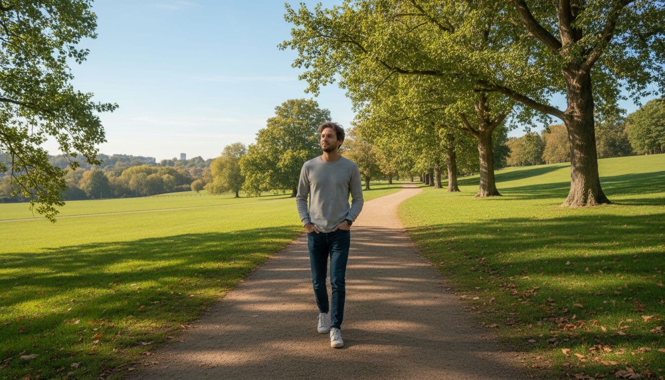 A single person walks at a relaxed pace on a green park path during bright midday sunlight, hands in pockets, surrounded by trees and grass in simple casual clothes. Realistic photo style with wide landscape composition and natural daylight.