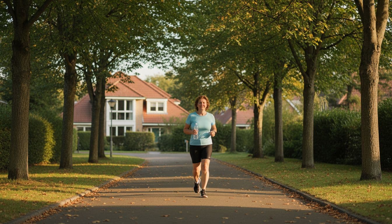 A middle-aged person walking briskly on a quiet neighborhood path during soft morning light, holding a water bottle, surrounded by trees and houses in a realistic photo style.