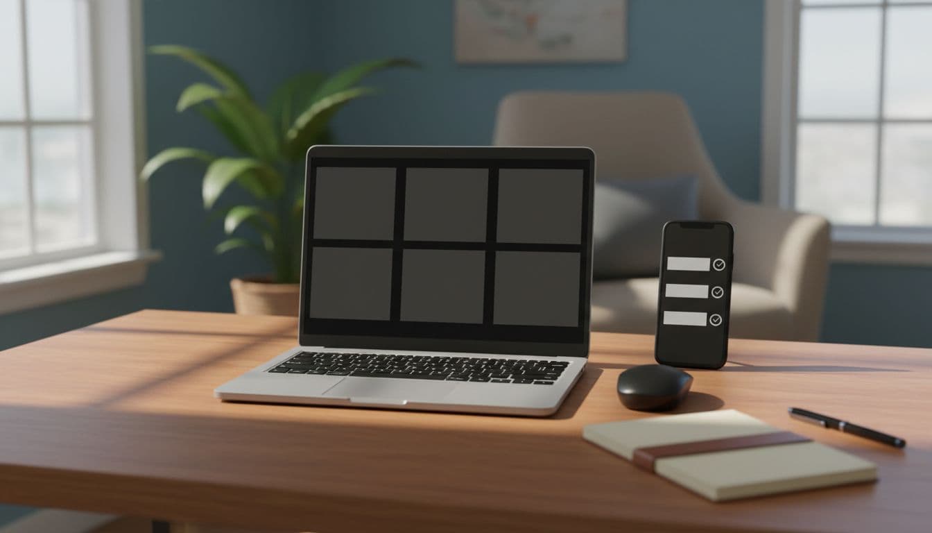 Simple productivity workspace on a wooden desk with open laptop, smartphone showing tasks, wireless mouse, and notepad in a cozy room with soft window light. Realistic photo style, no people, blank screens, no clutter.