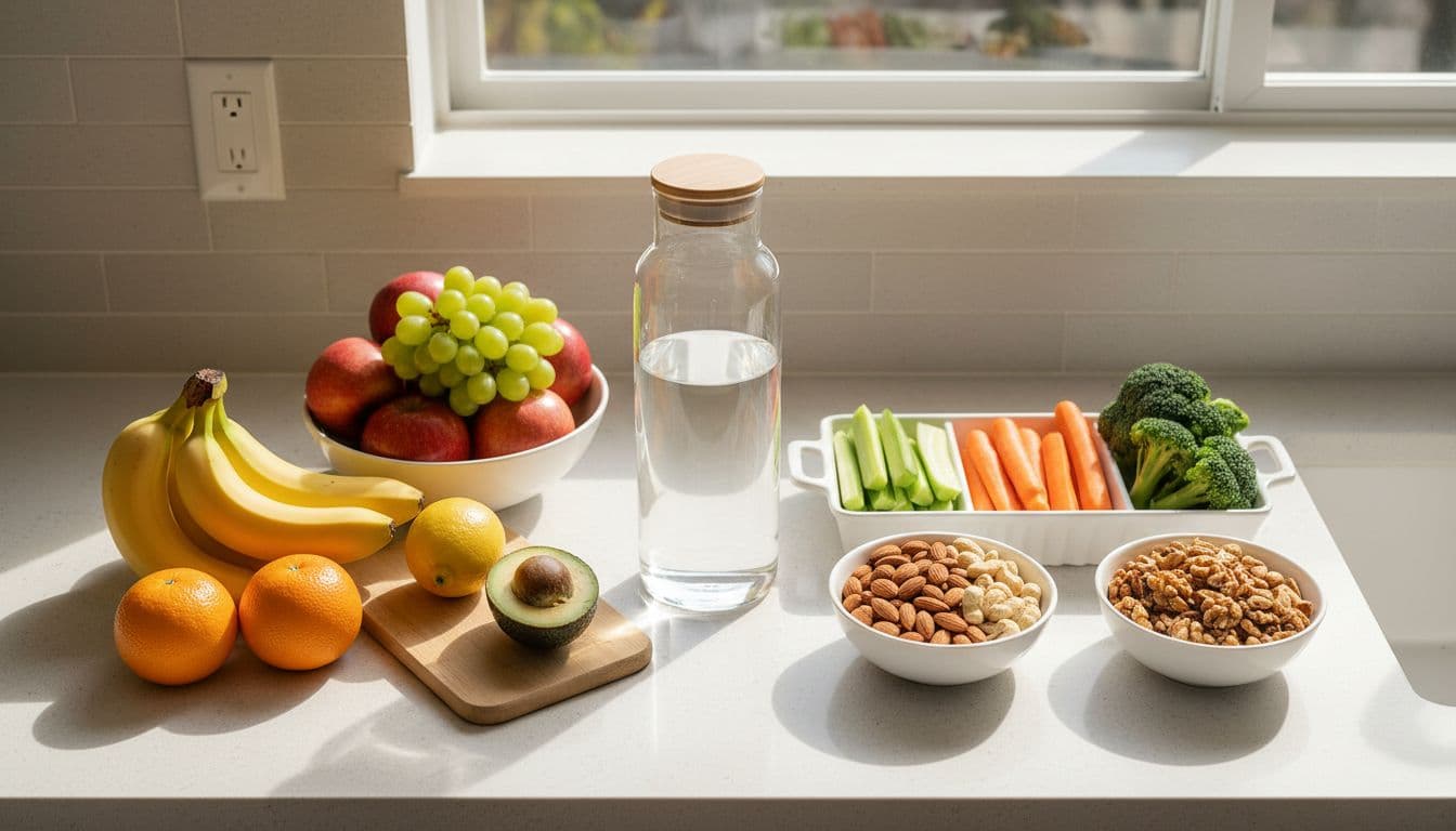 Top-down view of a clean modern kitchen counter with neatly arranged fresh fruits, vegetables, nuts, and water bottle under natural daylight, promoting healthy eating habits.