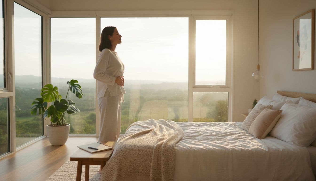 A single person stands relaxed by the window in a bright cozy bedroom bathed in early morning sunrise light, performing five deep breaths with hands on belly, notebook and pen on bedside table nearby.