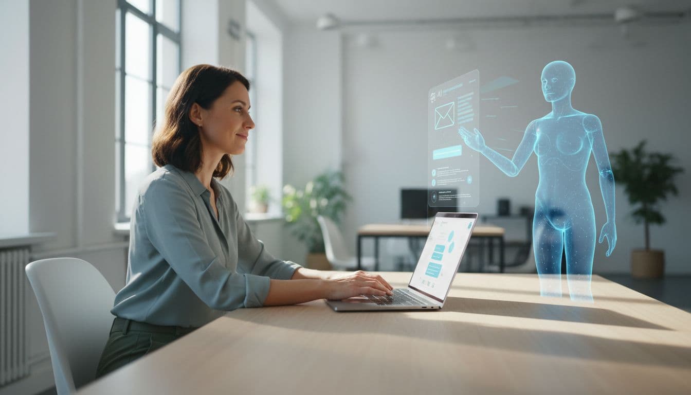 A single modern office worker sits at a desk with a laptop showing a subtle, unreadable AI chat interface, collaborating with a nearby holographic AI assistant in bright natural office lighting. Realistic wide-angle photography style ideal for articles on AI in knowledge work.