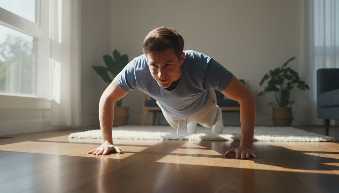 A single person performs one push-up from plank position on the living room floor in casual home clothes, with a relaxed focused face under natural daylight from a large window.