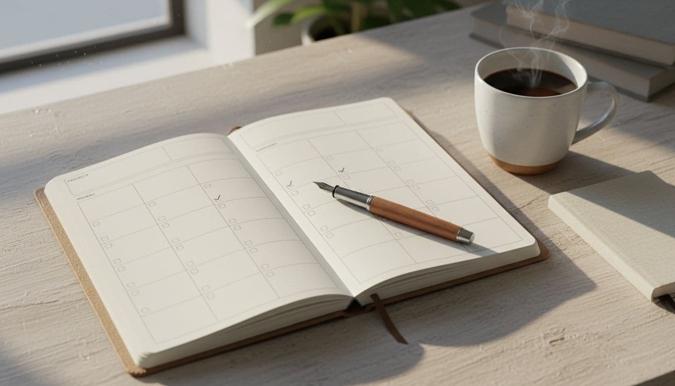 Clean weekly planner open on a wooden desk showing a simple grid for the week with some tasks checked off, pen pointing to priority spot, coffee mug and notebook in soft natural light.