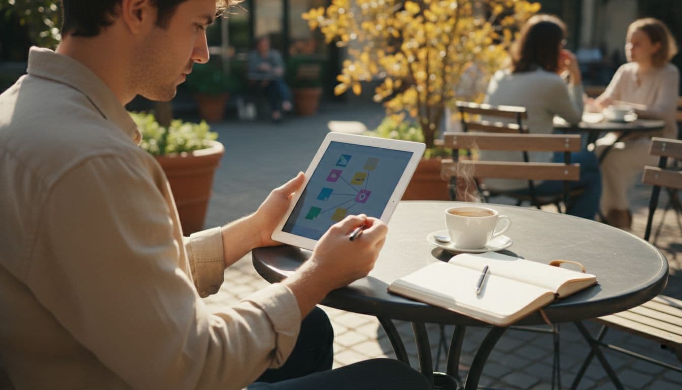 A focused person sits at an outdoor cafe table, using a tablet and stylus to organize digital notes. A coffee cup and notebook are nearby on a sunny day with warm natural light.