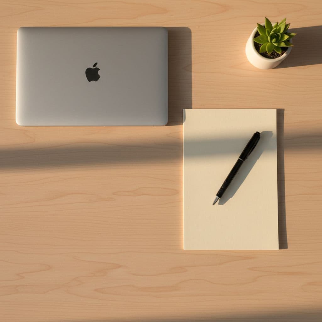 Overhead view of a clean wooden desk at dusk with a closed laptop, pen on a neat pad, tidy surface, and subtle houseplant in soft warm evening light. Minimalist style depicting a simple end-of-day desk reset routine, no people or readable text.