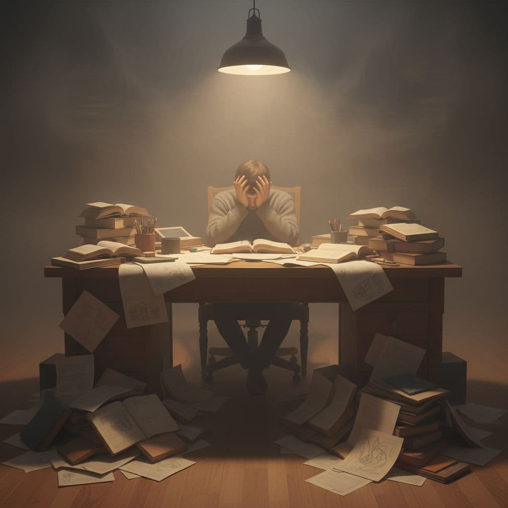 A person sits at a cluttered wooden desk piled with overflowing papers, head buried in hands over a messy notebook. Dim lighting evokes mental fog, captured from a slight distance.