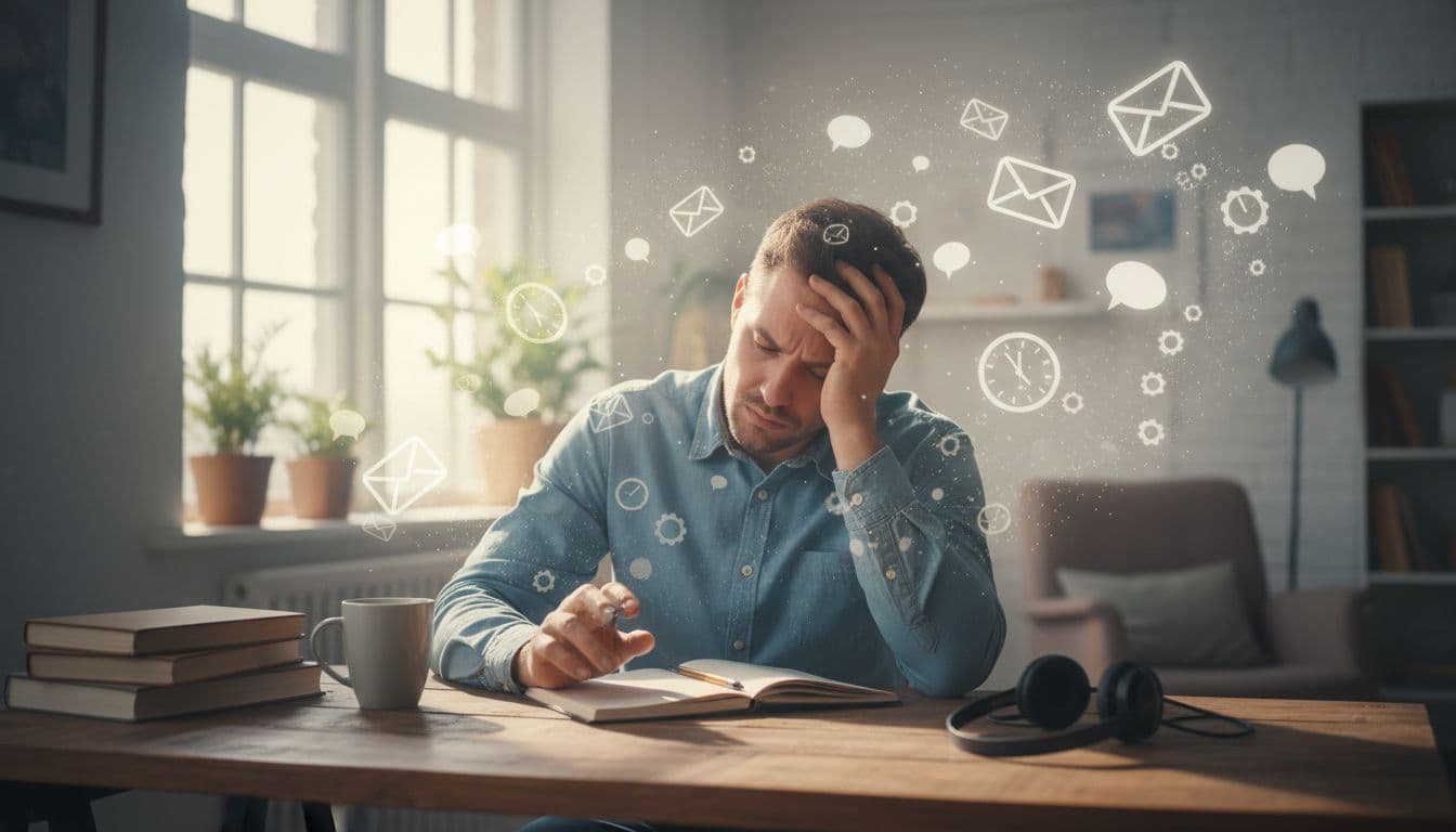 A person at a wooden desk in a bright home office shows mental strain and confusion, surrounded by subtle floating icons of emails, texts, chores, and notifications.