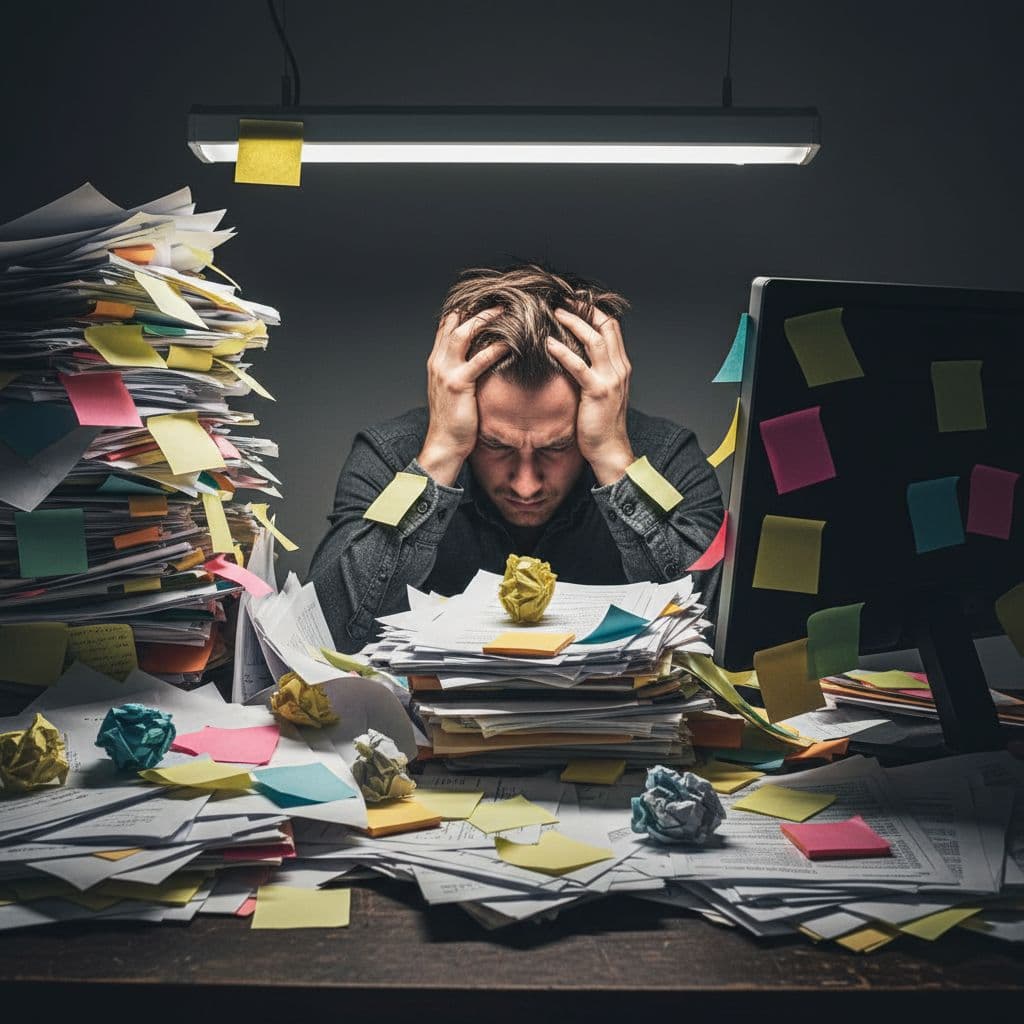 A single stressed person sits at a desk buried under a massive chaotic stack of papers and sticky notes, with harsh lighting highlighting mental clutter in a close-up moody photograph.