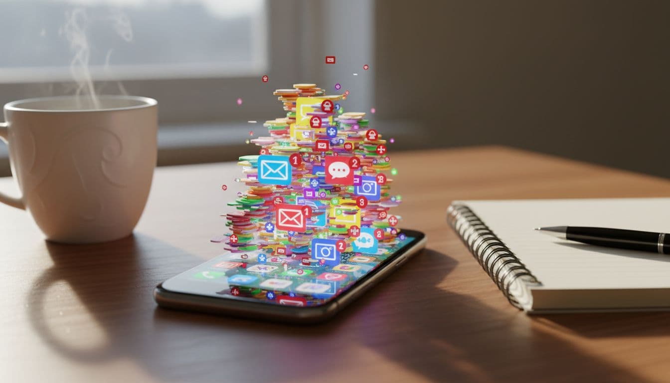 Photorealistic close-up of a smartphone on a wooden desk overwhelmed by dozens of colorful notification badges on apps like email and social media, with coffee mug and notebook nearby, in bright morning office lighting.