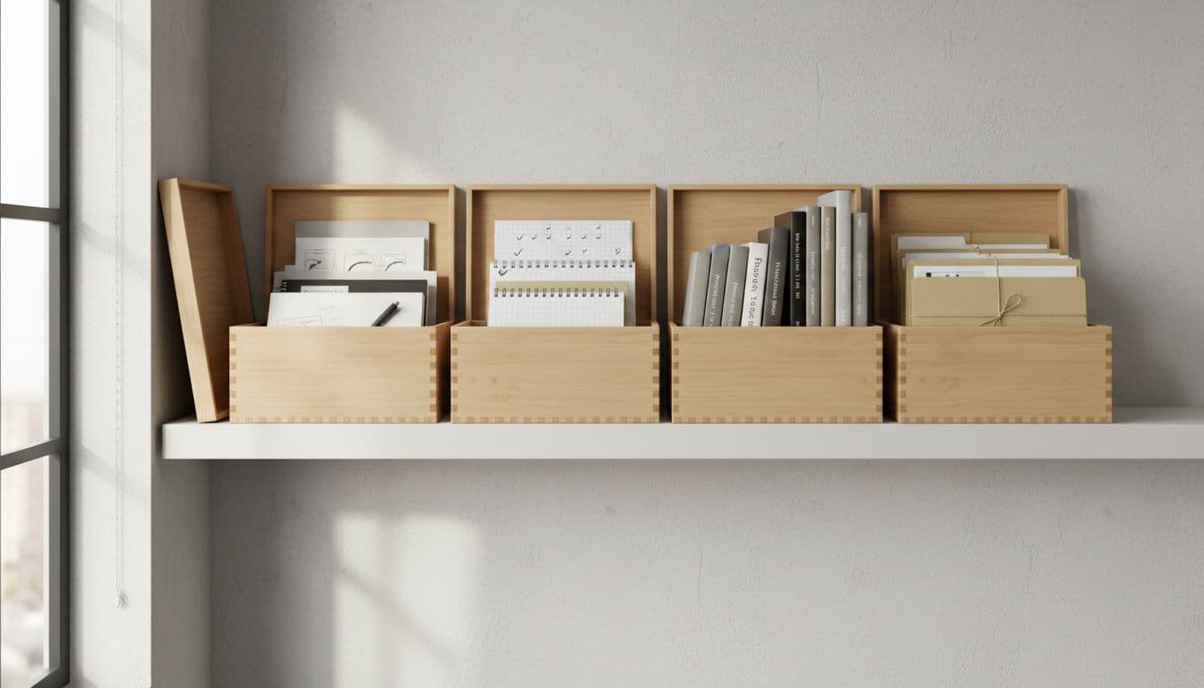 Four wooden boxes on a modern office shelf visualize the PARA categories: active projects, responsibilities, resources, and archives, bathed in natural window light with photorealistic detail and clean composition.