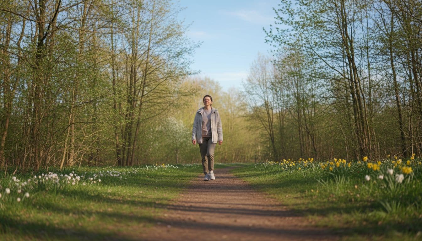A single person walks with a relaxed stride on a quiet spring path after work, wearing a light jacket, surrounded by budding trees in March sunlight under a clear blue sky.