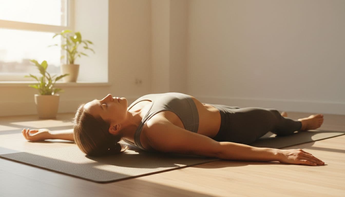 A fit person lies relaxed on a yoga mat in a sunlit room, eyes closed and breathing deeply, with soft natural light highlighting calm muscles and a peaceful face in a recovery pose after workout.