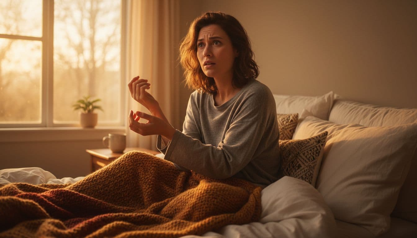 Person sitting up in cozy bedroom bed early morning, fingers gently on wrist checking pulse, thoughtful surprised expression at higher heart rate, soft dawn light from window, realistic style, warm tones.
