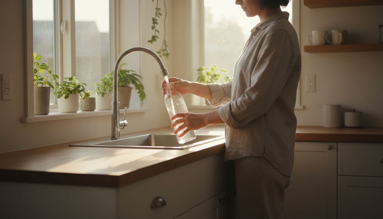 A single person in a bright kitchen casually fills a reusable water bottle from the sink, with morning sunlight streaming through the window and plants on the counter.