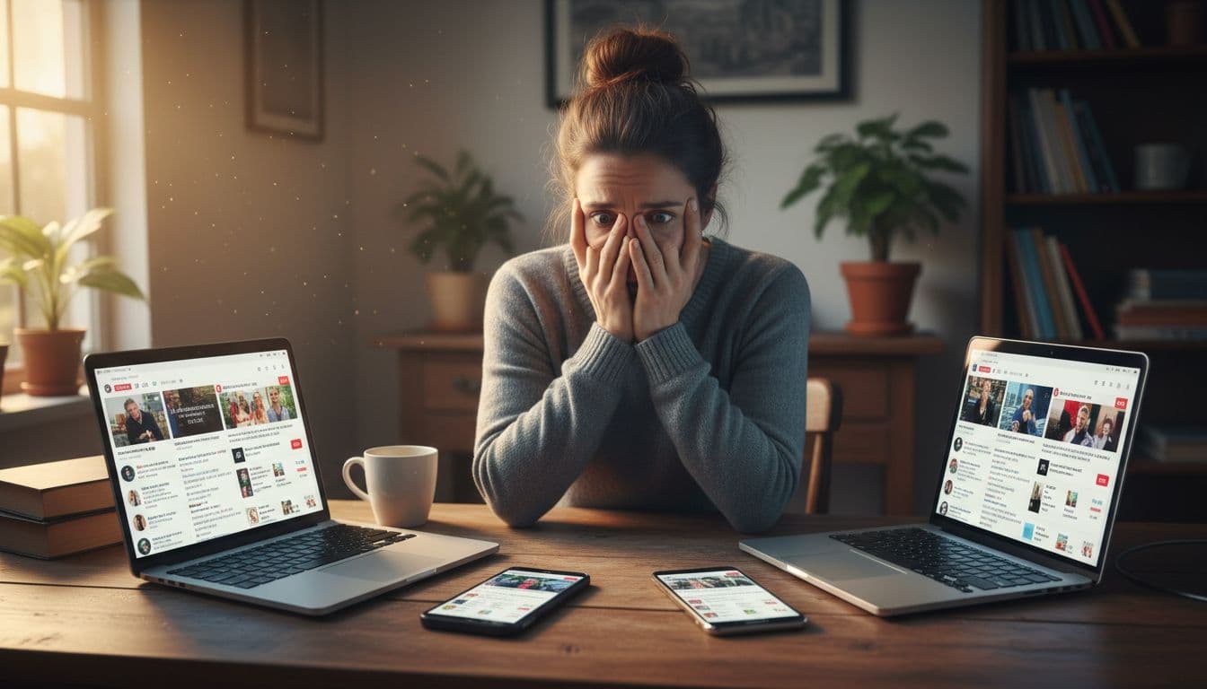 A person sits at a wooden desk in a cozy home office, surrounded by smartphones and a laptop displaying notifications, holding their head in overwhelm.