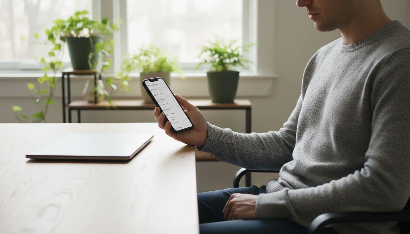 A person sits relaxed at a wooden desk in a bright home office, checking a task list on their smartphone. Natural daylight from the window, closed laptop nearby, and plants in the background create a clean, realistic photo.