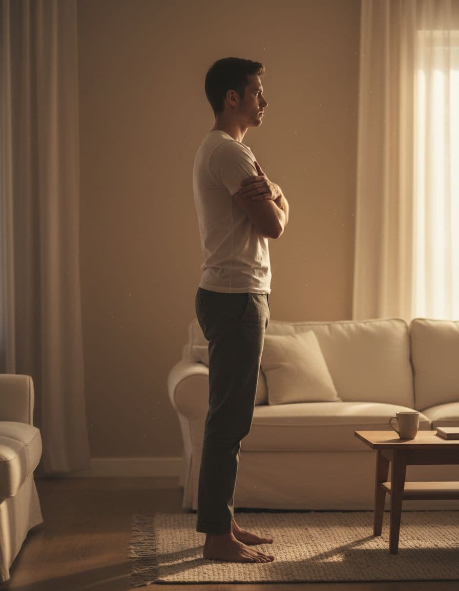A single person stands rigidly in a softly lit living room, arms crossed tightly, jaw clenched, eyes averted, showing physical tension from suppressed anger or sadness.