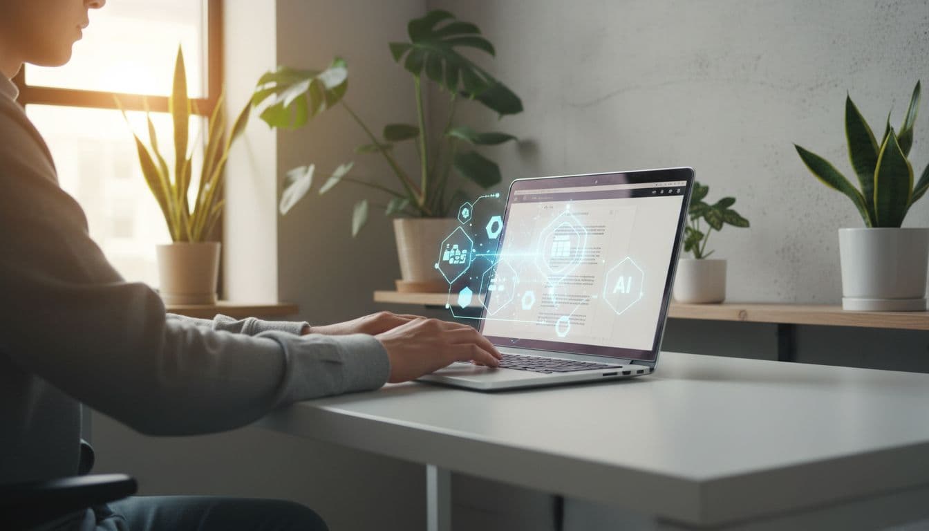 A focused person at a modern office desk types a prompt into a subtle AI assistant interface on their laptop for research or planning, with natural daylight and simple plant background.