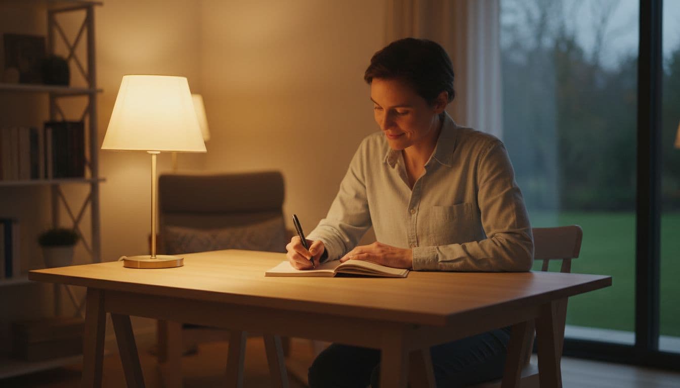One person sitting at a simple wooden desk in a cozy home office, jotting a quick note in an open notebook with a pen, showing a focused yet relaxed expression with a slight smile. Warm lamp light softly illuminates the realistic landscape photography scene.
