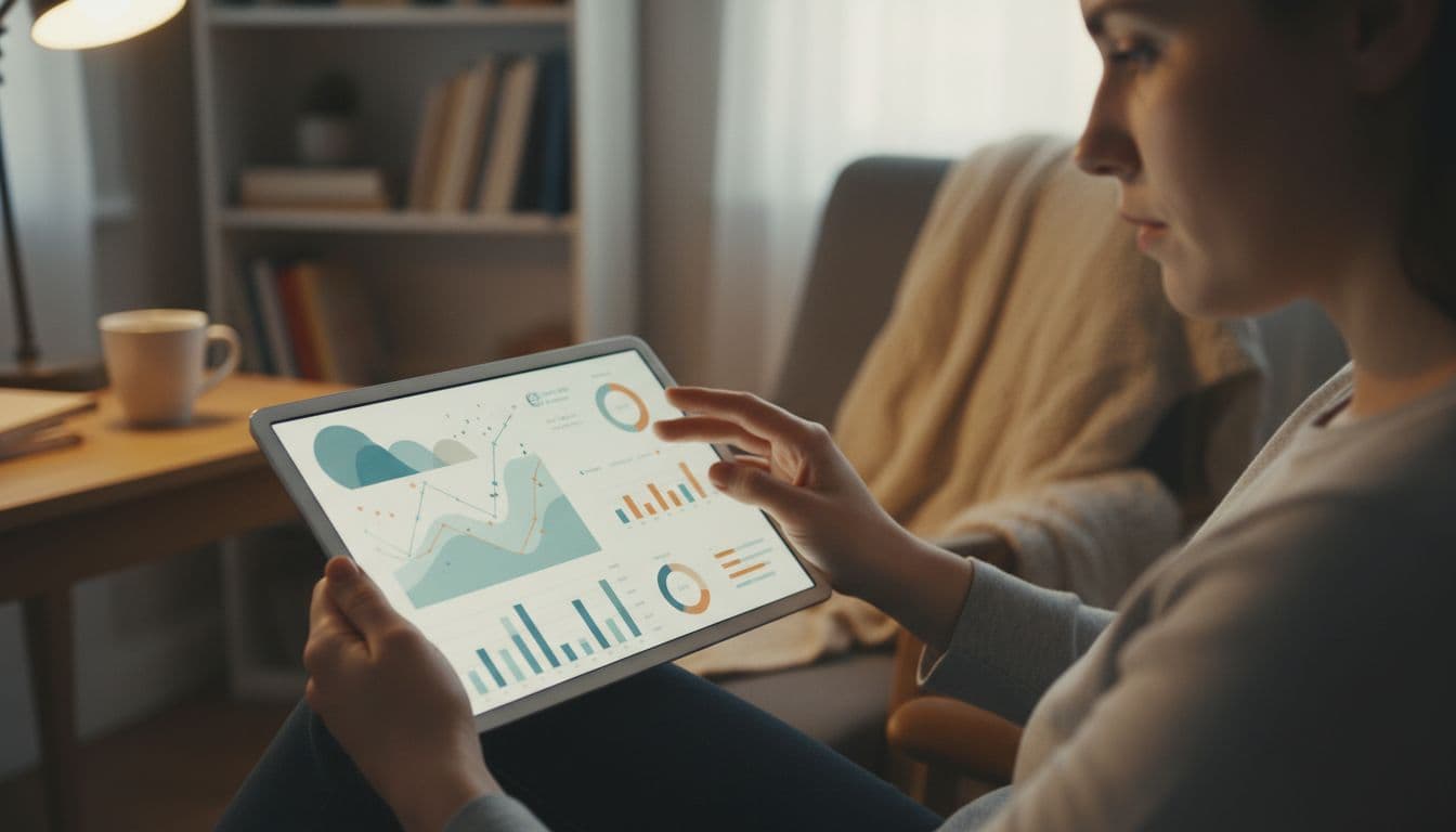 Close-up of a person interacting with a personalized dashboard on a tablet, showing abstract customer data graphs in soft focus, in a cozy home office with warm lighting.