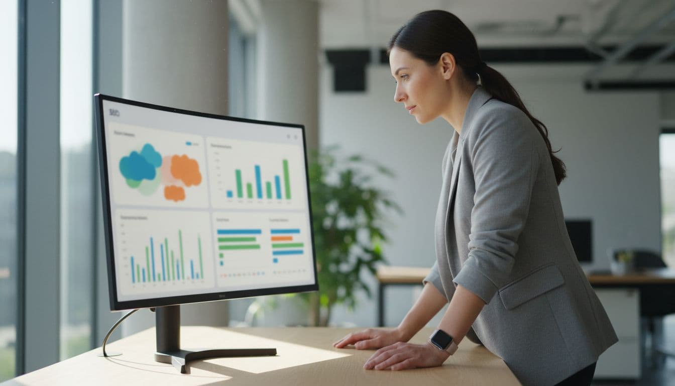 Professional marketer in a modern office leans over a large monitor displaying blurred SEO metrics dashboard with colorful graphs and keyword clouds, illuminated by window light, realistic high-resolution photo.