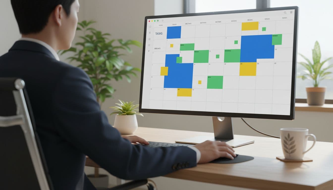 A professional at a modern office desk reviews a smart calendar on their computer screen featuring color-coded blocks for tasks, meetings, and breaks. The setup includes plants, a coffee mug, natural light, and a clean photorealistic composition with the screen angled and one person visible from behind.