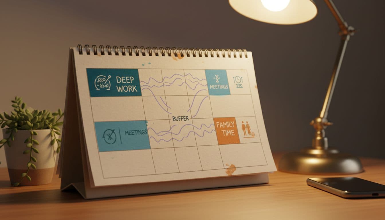 A photorealistic desk calendar with handwritten blocks for deep work, meetings, family time, and wavy buffer lines for surprises, accompanied by a plant and phone under warm lamp light.