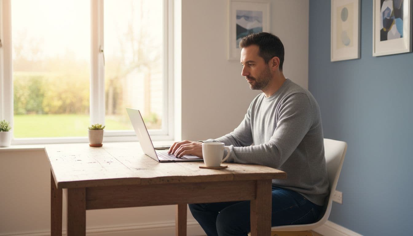 A single entrepreneur sits relaxed at a wooden desk in a bright home office, typing on a laptop with a cup of coffee nearby, illuminated by natural window light in photorealistic style.