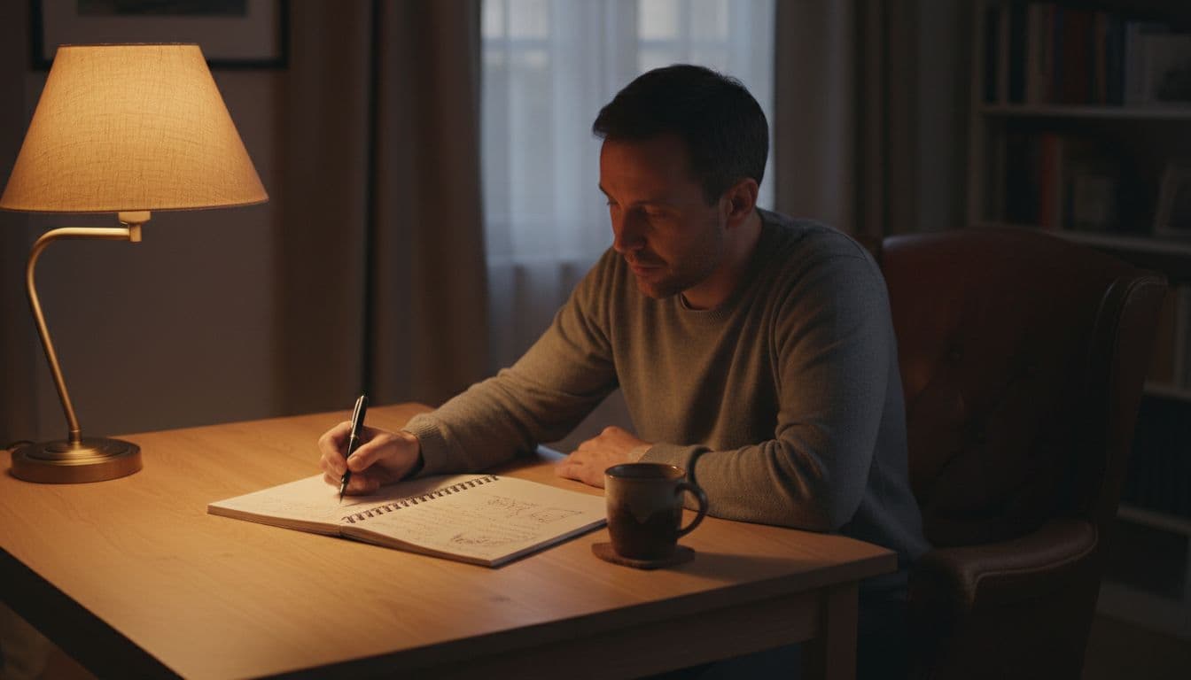 One person sits relaxed at a simple wooden desk in a dimly lit home office during evening, under warm lamp light, reviewing an open notebook with pen loosely in hand and a small coffee mug nearby.