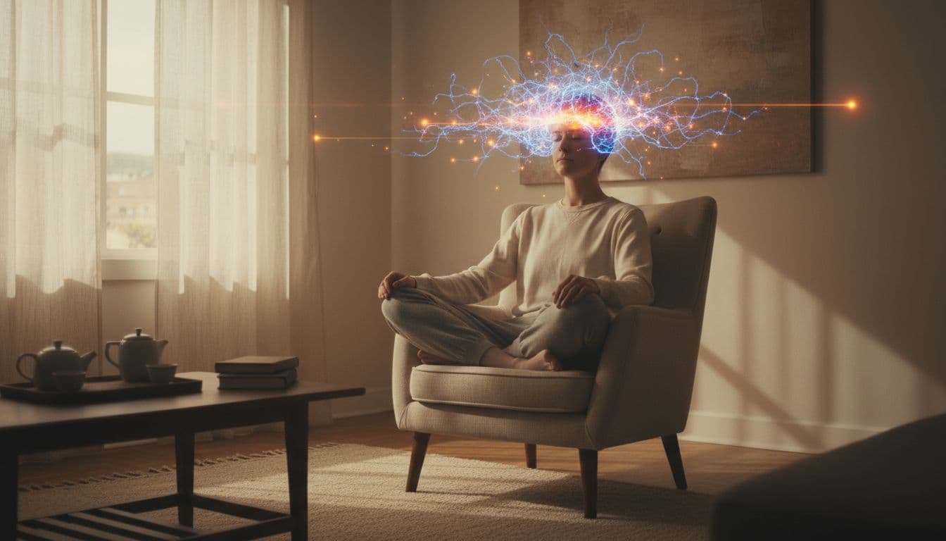 A person sits relaxed in a quiet living room, legs crossed and hands resting, with vibrant neural pathways glowing in a subtle brain overlay showing intense mental activity. Soft window light illuminates the photorealistic scene in warm tones.