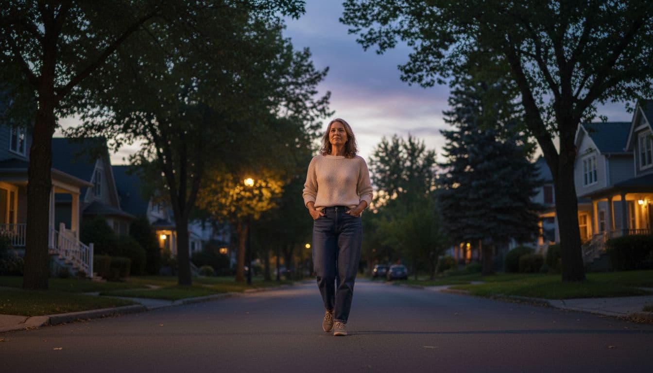 A single person enjoys a relaxed short walk in a quiet neighborhood at dusk after dinner, with hands in pockets and calm posture under soft twilight light.