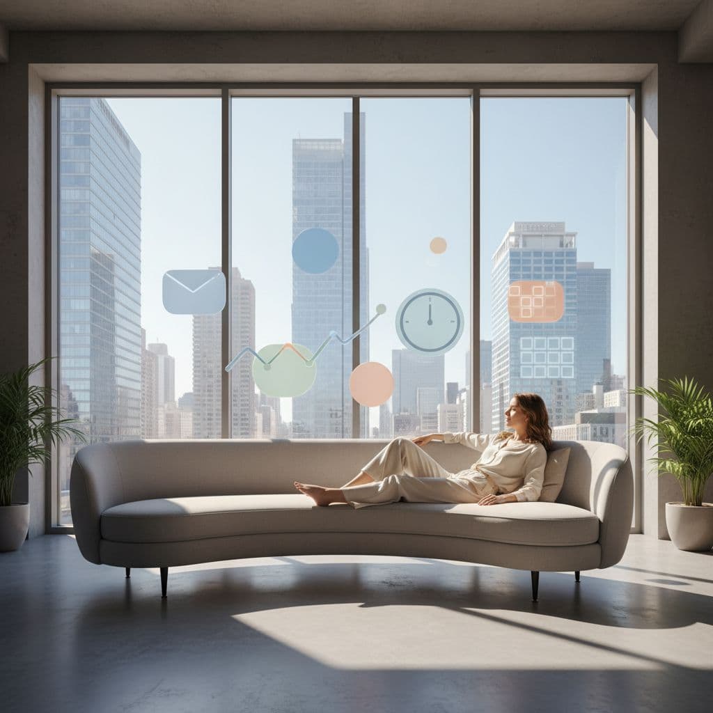 A person sits relaxed on a modern sofa, looking out a large window at a clean, sunny city view, with small, smooth abstract task icons like emails and calendars drifting harmlessly in the background, managed by an unseen system, evoking calm and effortless automation.