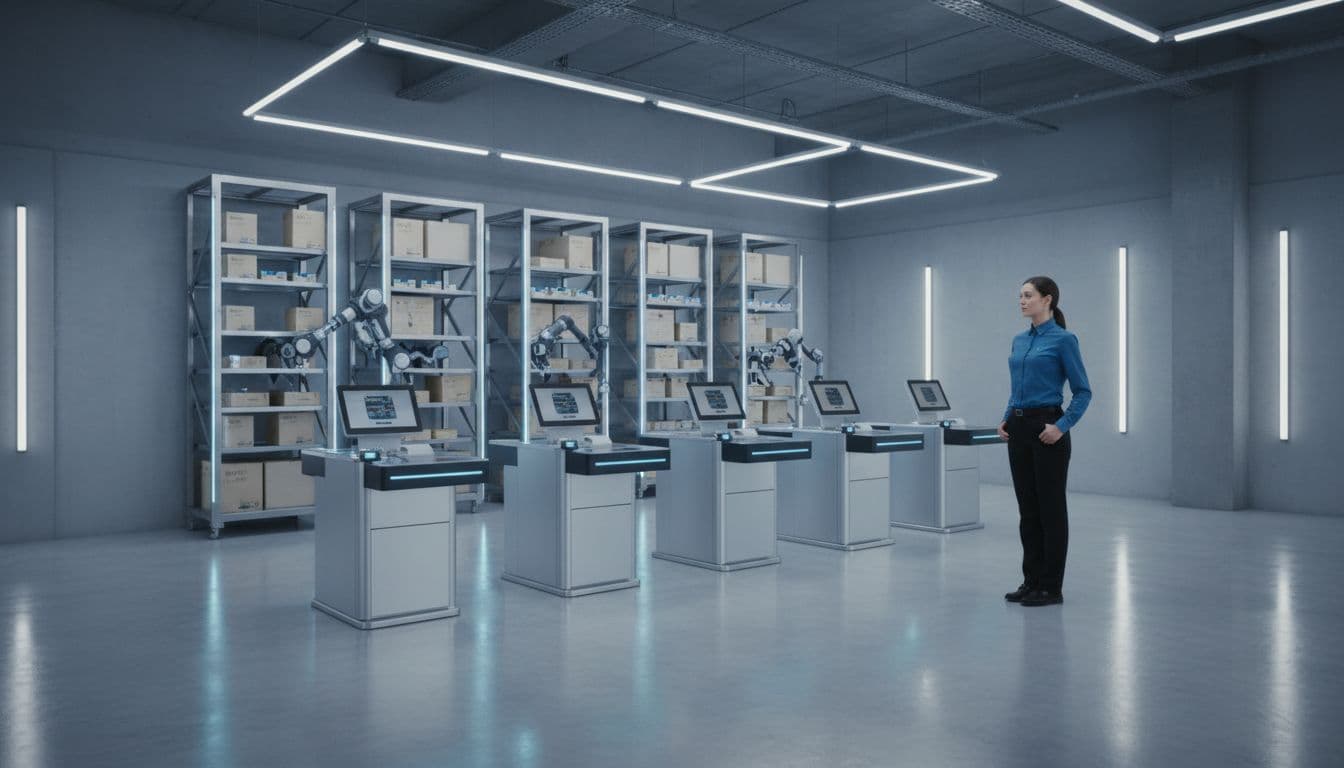 Photorealistic interior of a retail store featuring exactly one human employee standing near automated self-checkout kiosks and robotic stock shelves under bright fluorescent lighting, wide composition with no customers or extra people.