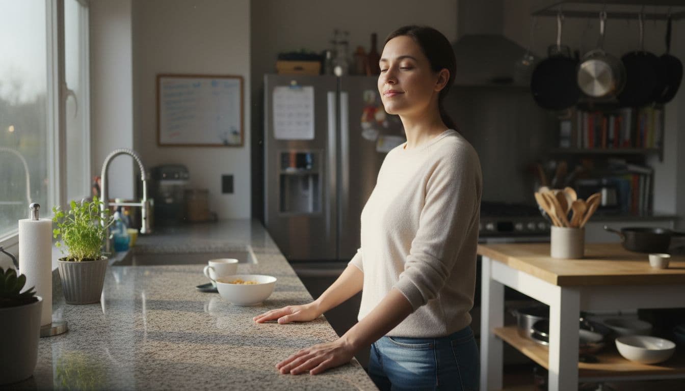 One person stands calmly in a busy home kitchen, eyes open scanning surroundings, one hand touching the counter texture, with relaxed posture and gentle smile under soft morning light.