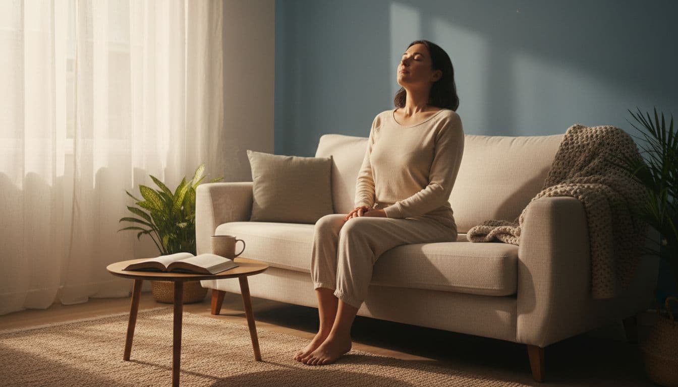 A single person sits on a couch in a calm living room with eyes closed, taking a deep breath, hands relaxed in lap, soft afternoon light from the window, cozy setting with a book nearby, realistic serene photo.